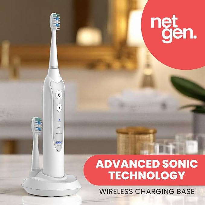 Sonic Electric Toothbrush for Adults with 5 Toothbrush Replacement Heads, 3 Brushing Modes & 2 Minutes Built-in Timer, Travel Toothbrushes with Inductive Charging, Rechargeable toothbrush | White