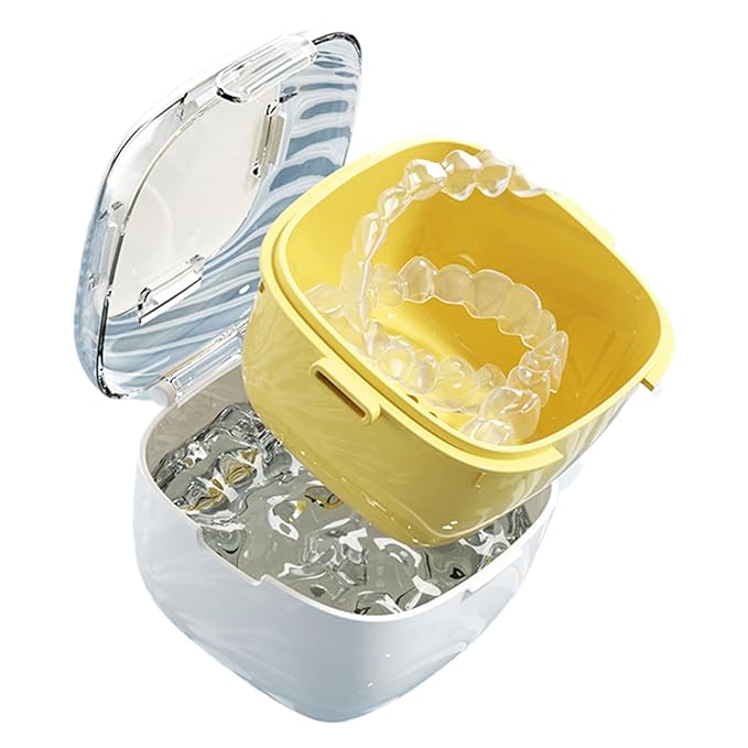 Denture Container Case - Retainer Storage Cup For Cleaning | ABS PP Material With Portable Strainer Function, Easy Access Feature, For Dentures, Mouth Guards, Jewelry