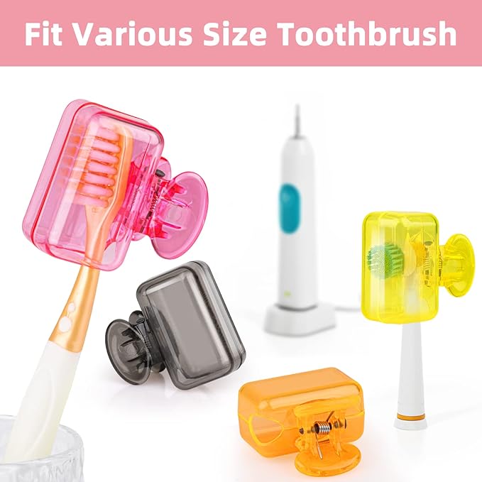 4 Pack Travel Toothbrush Head Covers Toothbrush Protector Cap Brush Pod Case Protective Portable Plastic Clip for Household Travel, Bathroom, Business, Camping, School (Grey, Yellow, Orange, Pink)