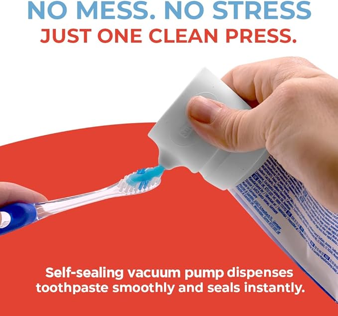 SqueezMe EasyPump Toothpaste Dispenser Cap - Self Closing Silicone Toothpaste Cap for Kids & Adults - No-Mess, Standing Design - Universal Fit for Tubes Up to 230g - Push-On, No-Twist Easy Install