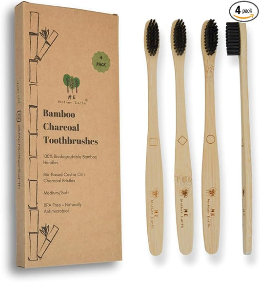 ME MOTHER EARTH Bamboo Charcoal Toothbrush Pack, Medium Soft Bristle Brush, Charcoal Infused Bristles, Biodegradable & Eco Friendly, Sustainable Bamboo (Pack of 4)