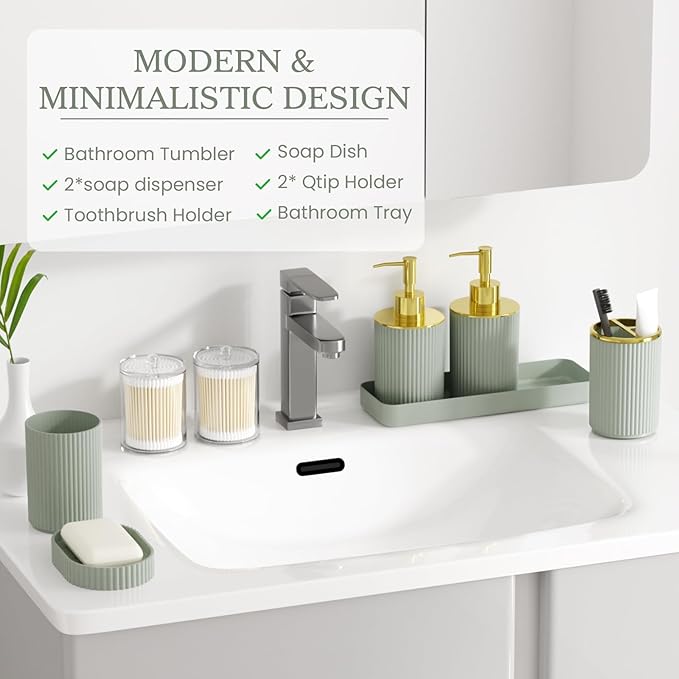 Sage Green Bathroom Accessories Set, 10PC Bathroom Set, Bath Accessory with Pop Up Trash Can, Soap Dispenser, Toilet Brush, Toothbrush Set Qtip Holders & Tray