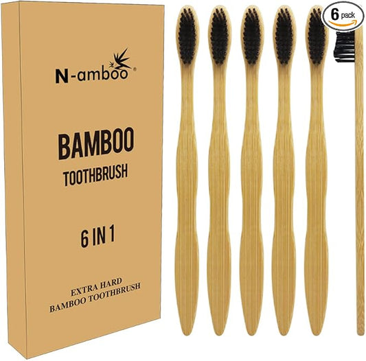 Hard Toothbrush Bamboo Toothbrush for Adult Manual Toothbrsuh Hard Bristles Pack of 6