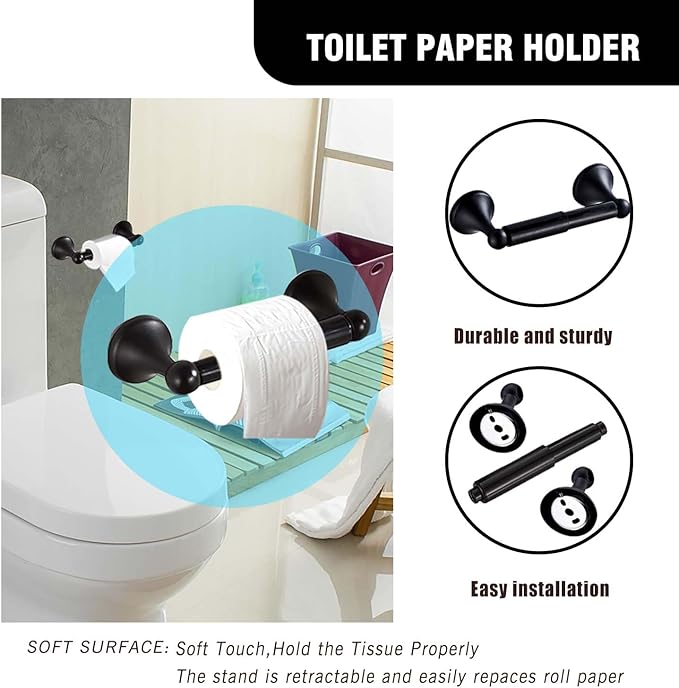 Matt Black Bathroom Accessory Set, Adjustable Towel Bar,Towel Ring,Toilet Paper Holder,Robe Hook 4-Piece Bathroom Hardware Set Wall Mounted (Matt Black)