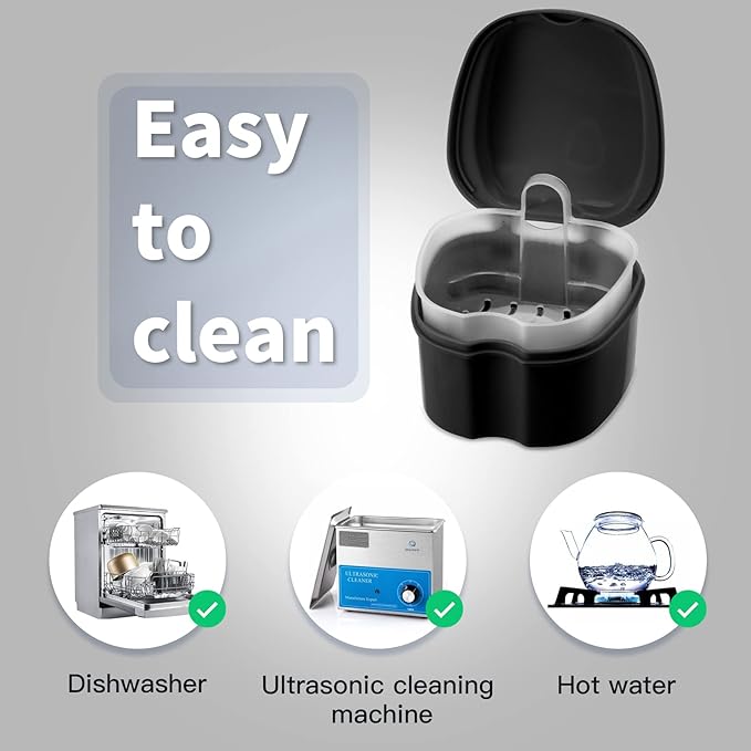 Annhua Denture Cup Retainer Cleaning Case Denture Soaking Container With Strainer Basket, Denture Cups For Soaking Dentures Mouthguard Storage Holder - Black