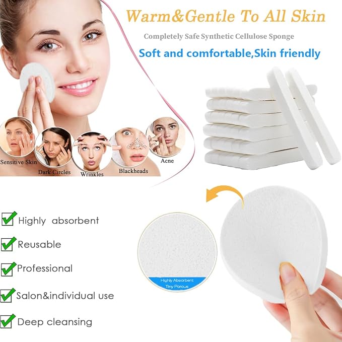 Compressed Facial Sponge,Reusable Makeup Blender 60 Count,Soft Round Wash Sponges for Estheticians Makeup Removal,Face Cleansing Exfoliating Compress Spa Pads for Women,White
