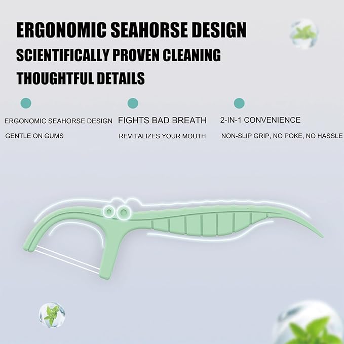 Mint Twin Line Dental Floss Picks - 400 Count (2 Packs of 200) | Minty Fresh Floss Sticks for Adults | Unique Seahorse Design | Individually Wrapped for Hygiene & Convenience