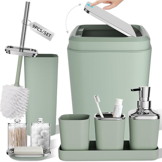 Bathroom Set, Sage Green Bathroom Accessories Set with Press-on Lid Bathroom Trash Can, Soap Dispenser, 10PC Bathroom Accessory Set for Home