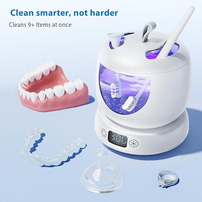 Ultrasonic Retainer Cleaner Machine, 42kHz Professional for Dentures, Aligners, Mouth Guards, Jewelry - IPX7 Waterproof Durable Removable Base and Top Cover, 3 Timer Settings, Quiet White