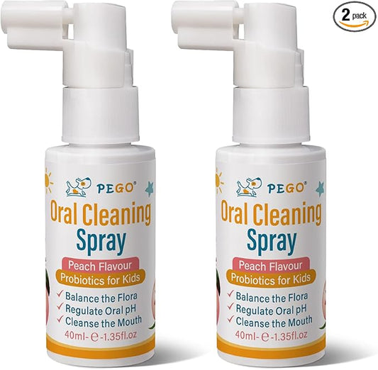 PEGO Kids Oral Spray, Toddler Toothpaste Helper for Fresh Breath，Kid's Mouth Spray with Fluoride Free for Newborn to 12 Years (2Pack, Peach)