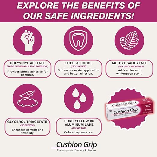 Cushion Grip Thermoplastic Denture Adhesive 1oz (12 Pack)–Extra Strong Hold Up to 4 Days, Unmatched Strength, Waterproof & Zinc Free, Relieves Sore Gums, Comfortable Refit, Long Lasting Denture Refit