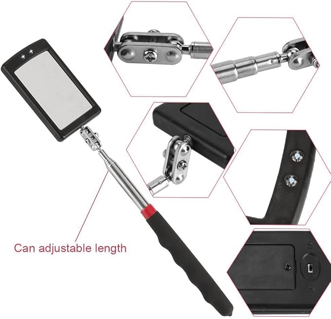 Telescoping Lighted Inspection Mirror，Telescoping LED Lighted Flexible Inspection Mirror 360 Swivel for Extra Viewing
