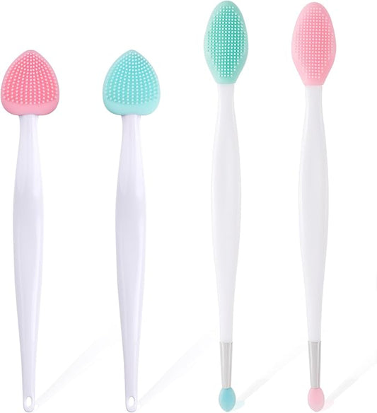 4pcs Lip Scrub Brush, Silicone Heart Lip Exfoliator Brushes Scrubber Tool, Double-Sided Oval Lip Cleaning Exfoliating Remove Dead Skin Tool for Men Women Dark Lips- Pink & Green