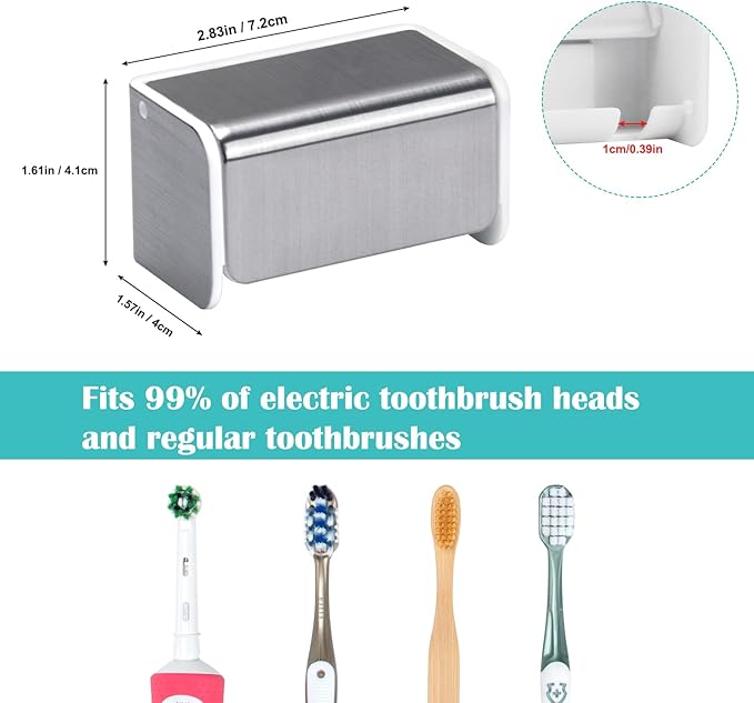 2 PCS Toothbrush Holders Wall Mounted with Cover, Electric Tooth Brushing Holder for Bathroom, 2 Slots Self Adhesive Toothbrush Organizer for Family, Kids (2, Brushed Silver)