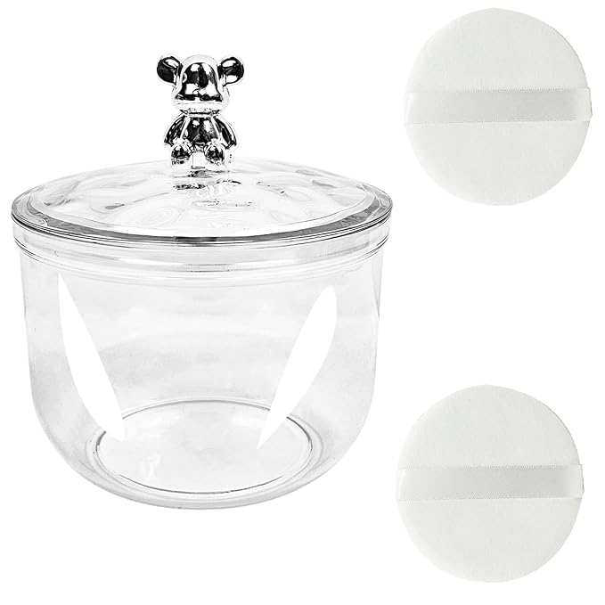 3 Pcs Body Face Plastic Powder Puff and Container Dish with Fluffy Soft Large Powder Puff for Women(Bear Shape)