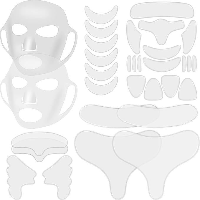 Maitys 32 Pcs Facial Chest Neck Silicone Pad Reusable Face Forehead Patches Facial Sleeping Mask Cover for Smoothing Chest Neck Forehead Eye Mouth (Clear,Milk White)