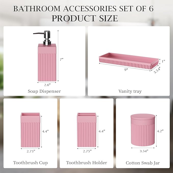 6-Piece Pink Bathroom Set - Sleek Resin Bathroom Accessories Set with Soap Dispenser, Toothbrush Holder, Vanity Tray, Tumbler & Apothecary Jars for Small Spaces