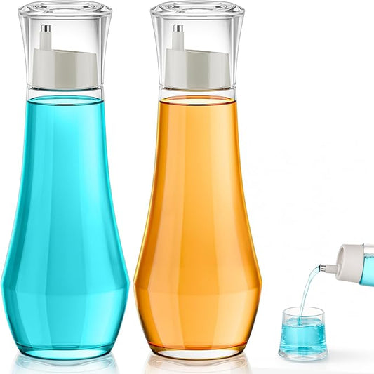 VITVITI Glass Mouthwash Dispenser for Bathroom, 8.8OZ Mouth Wash Container Bottle with Lid Cup, Small Clear Refillable Mouthwash Dispenser Decanter for Countertop, Set of 2