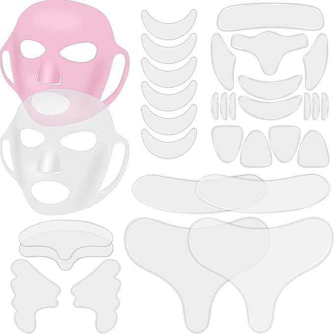 Maitys 32 Pcs Facial Chest Neck Silicone Pad Reusable Face Forehead Patches Facial Sleeping Mask Cover for Smoothing Chest Neck Forehead Eye Mouth (Clear,Pink)