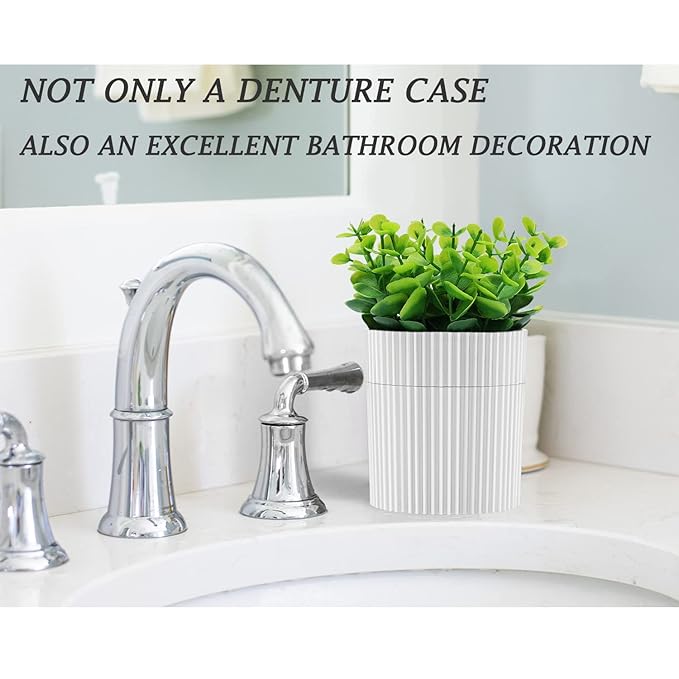 Denture Bath, Invisible Denture Case Designed As Artificial Eucalyptus Potted Plants, Denture Cup With Strainer For Retainer, Mouth Guard & Dentures, Perfect For Home Decoration…