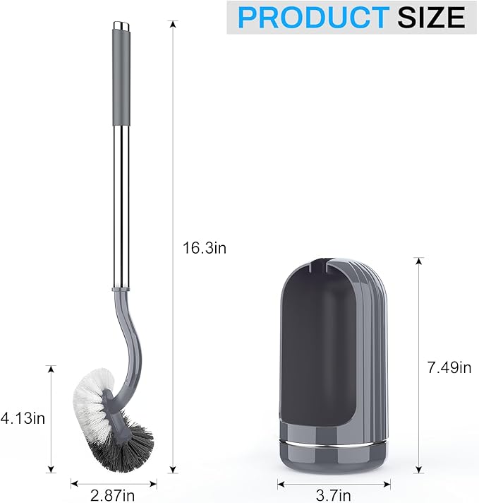 SetSail Toilet Brush and Holder Set, Compact Size Curved Toilet Bowl Brush for Bathroom Deep Cleaning with Stainless Steel Handle Toilet Cleaner Brush, Grey-2p