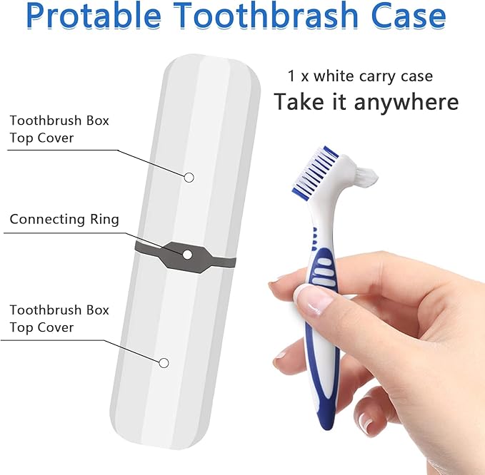 Denture Brush, 2 Pieces False Teeth Toothbrush with White Carrying Case, Green and Purple Multi-Layered Bristles with Ergonomic Rubber Handle for Dentures Cleaning