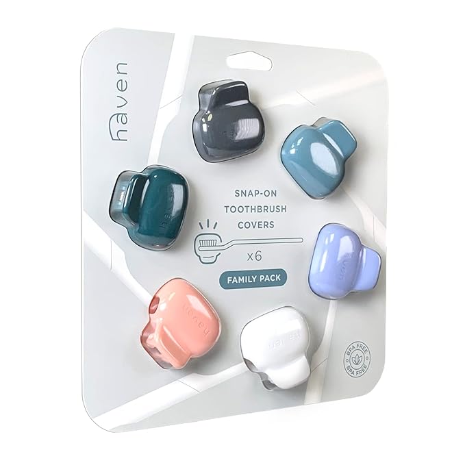 Haven Toothbrush Cover Family Pack - Fits Electronic and Manual Toothbrushes - Travel Toothbrush Case Holders - Set of 6 Tooth Brush Protectors (White, Blue, Purple, Coral, Teal, Charcoal Gray)