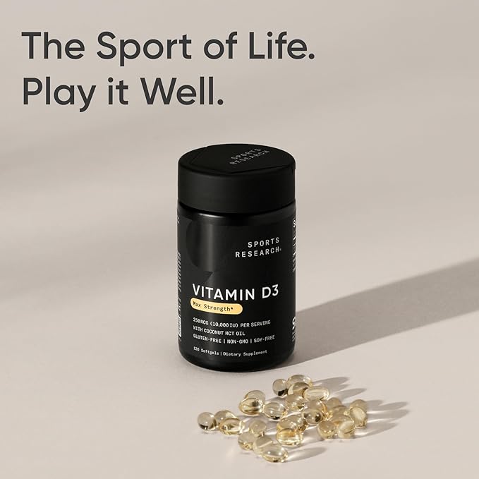 Sports Research 10,000 iu Vitamin D3 Supplement with Organic Coconut Oil - Vitamin D for Strong Bones & Immune Health - Supports Calcium Absorption - Non-GMO - 250mcg, 120 Mini Softgels for Adults