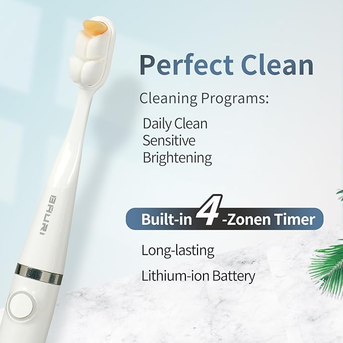 Bauri Electric Toothbrush, Rechargeable Sonic Electric Toothbrush with 3 Brush Heads,Super Slim Toothbrush, IPX7,3 Modes,Toothbrush (White)