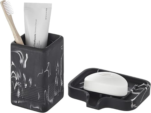 Toothbrush Holder and Soap Dish Set, Resin Toothbrush Cup Bathroom Cup Tumbler Marble Design, Self Draining Bar Soap Holder Shower for Bathroom Holder and Organizer, Black
