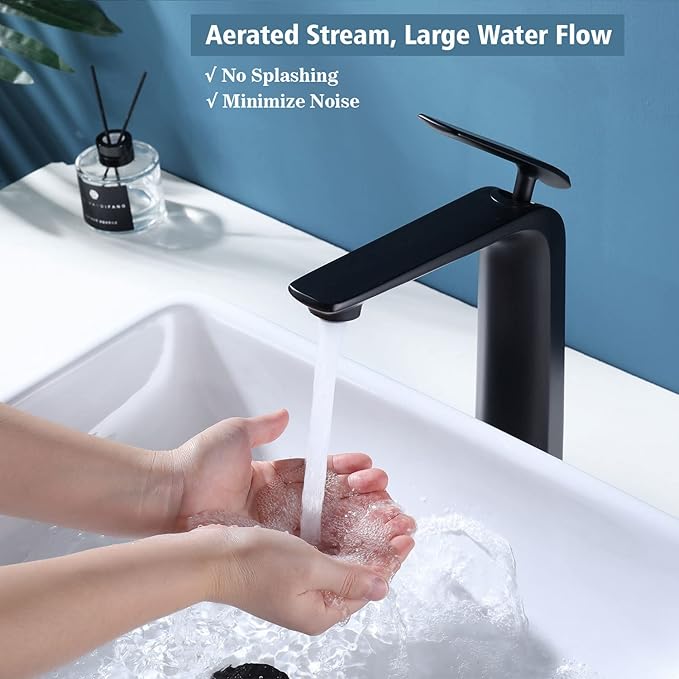 TOCALOCA Black Bathroom Faucet Tall Vessel Sink Faucet Matte Black Bathroom Sink Faucet, Single Handle 1 Hole Cold and Hot Water Mixer Vanity Sink Tap