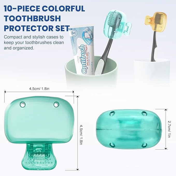 Zoyiancy 10pcs Toothbrush Cover, Toothbrush Protector Case, Travel Tooth Brush Head Pod Case, Toothbrush Cap Plastic Clip for Household Bathroom School (Pink, Orange, Yellow, Blue, Green)