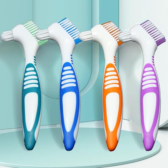 Denture Brush Dual Head Toothbrushes False Teeth Brush Denture Cleaning Kit Toothbrush (Purple, Orange)