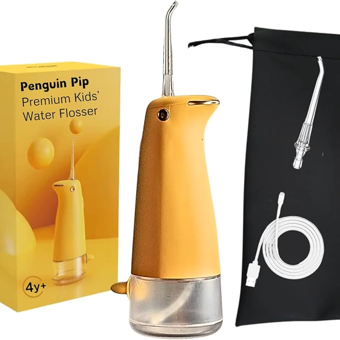 Penguin Pip Kids' Premium Water Dental Flosser Cordless for Teeth, 3 Modes Dental Oral Irrigator, Soft Normal Pulse, Beginners, Braces, Robust Antislip IPX7 Waterproof Powerful Battery Life