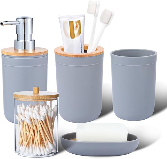 iMucci Bathroom Accessories Set 5Piece Grey Bathroom Sets, Toothbrush Holder, Toothbrush Cup, Lotion Soap Dispenser, Soap Dish and Qtip Holder Bathroom Decor