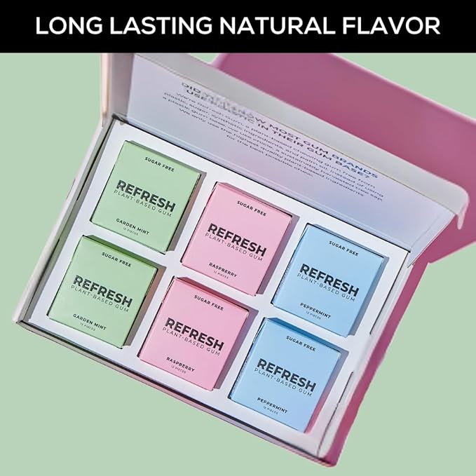Refresh Gum, Xylitol, Natural, Sugar Free, Plastic Free, Natural Flavors & Organic Ingredients, Plant-Based, Non GMO, Peppermint, Garden Mint & Raspberry Variety Pack, 12 Pcs, 6 Pack