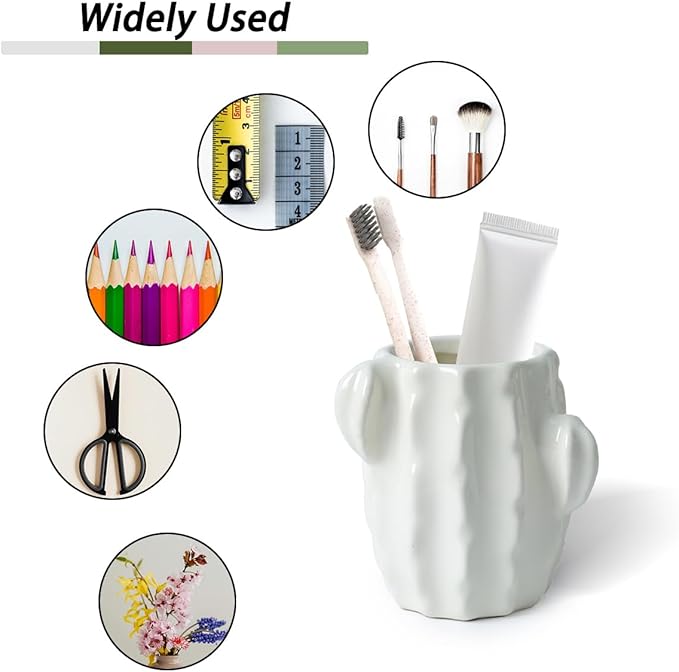 Ceramic Cactus Toothbrush Holder for Bathrooms，Toothpaste Holder Cute Toothbrush Holder Set,for Bathroom Counter and Desk Office Fun Decor Desk Organizer, Makeup Brush Holder -White