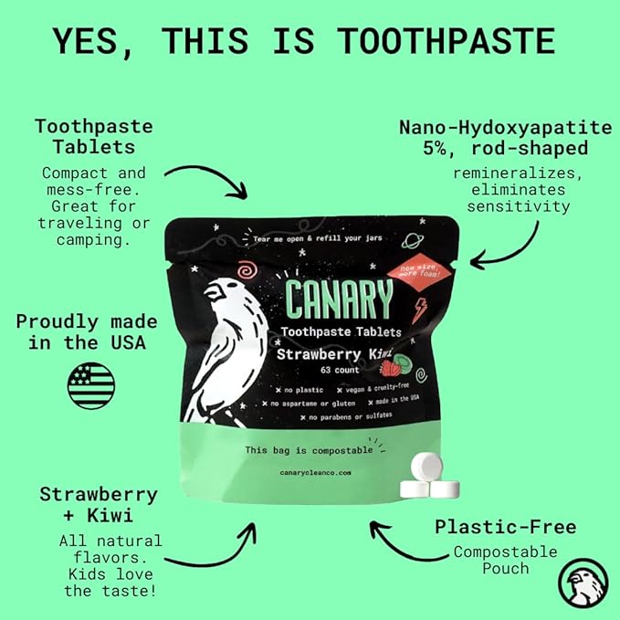 Canary Nano Hydroxyapatite Toothpaste Tablets Strawberry Kiwi - Remineralizing, Fluoride Free, All Natural Tabs with Xylitol - Great for Kids, Plastic Free - 189 Count