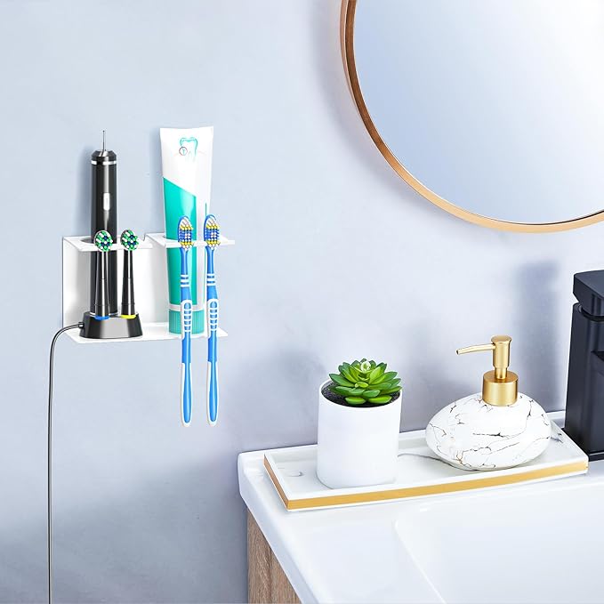 Electric Toothbrush Head Holders Desktop or Wall Mounted Electric Tooth Brush Holders, Bathroom Shower Tooth Brush Head Holder, Adhesive Toothpaste Holder, Toothbrush Head Stand, White