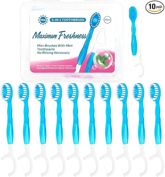 Mini Disposable Toothbrushes with Toothpaste 5 in 1 Travel Portable Toothbrush with Toothpaste + Tongue Scraper + Picks+Floss Travel Case (Mint, 10)