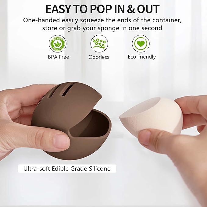 Makeup Sponge Holder,Double-sided Stripe Vented Silicone Beauty Blender Holder for Travel,Shatterproof Make Up Sponge Travel Case for All Sponges Sanitary Reuse Easy to Carry,Coffee