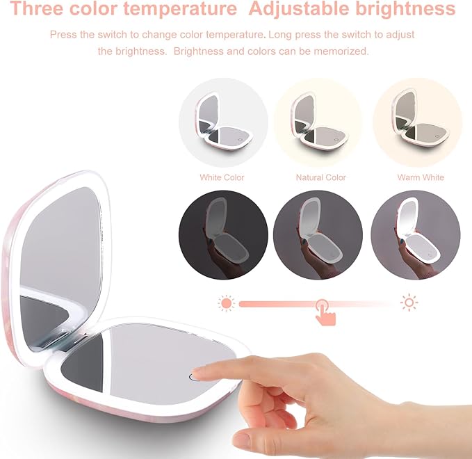 Mocado Compact LED Travel Makeup Mirror - 4 Inches 1X/10X Magnification Travel Mirror with Light Dimmable Double Sides Lighted USB Rechargeable Compact Mirror for Purse,Pocket,Travel(Pink Marble)