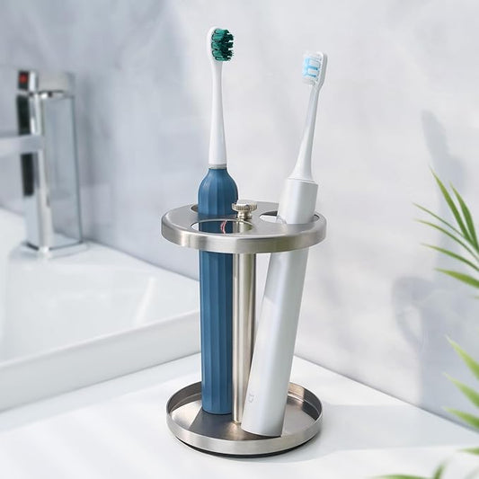 Electric Toothbrush Holder Stand for Bathroom: High-Grade 304 Stainless Steel Ventilated Organizer with Slots for Electric Toothbrushes & Razors, Brushed Silver