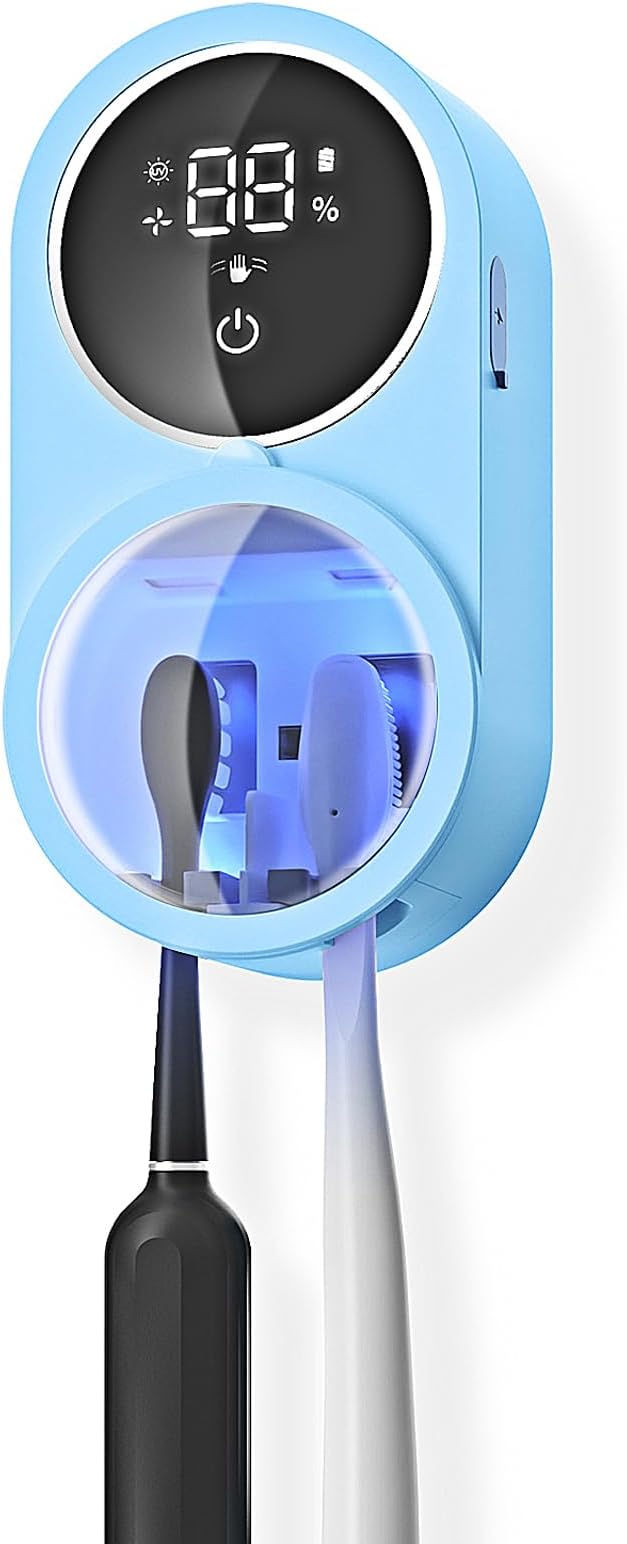 Toothbrush Holder and Cleaner Razor Holder/Dryer Light Cleaning and Air Drying Automatic Ratating Cover Rechargeable Wall Mounted for Bathroom Portable for Trip