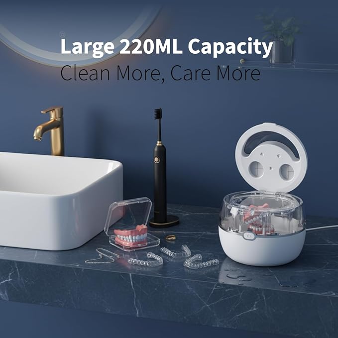 220ML Ultrasonic Retainer Cleaner Machine, 45kHz Dental Cleaning Pod for Denture WITH Digital Timer, Mouth Guard, Aligner, Night Guard, Braces, Toothbrush Heads, Jewelry