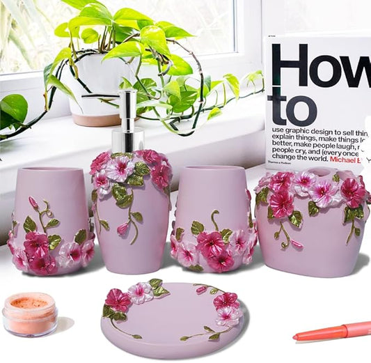 LUANT Vintage Pink Bathroom Accessories, 5Piece Bathroom Accessories Set, Bathroom Set Features, Soap Dispenser, Toothbrush Holder, Tumbler & Soap Dish - Bath Gift Set (Light Pink)