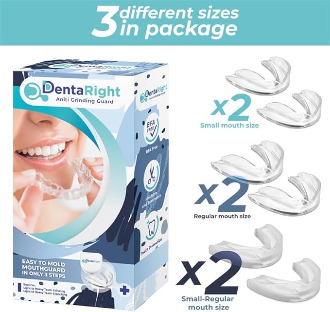 Custom-Fit Moldable Mouth Guard for Teeth Grinding and Clenching, Trimmable and Comfortable Fit - Pack of 6 in 3 Sizes for Kids, Teens, and Adults