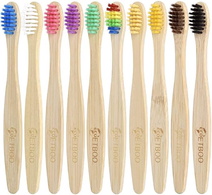 Bamboo Toothbrush with Soft Charcoal Bristles 10 Pack, Natural Wood Toothbrushes Round Handle with Colored Standing Bottom Recyclable, Eco-Friendly, Tooth Brush Set Multipack (Multicolor - Kids)
