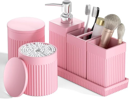 6-Piece Pink Bathroom Set - Sleek Resin Bathroom Accessories Set with Soap Dispenser, Toothbrush Holder, Vanity Tray, Tumbler & Apothecary Jars for Small Spaces