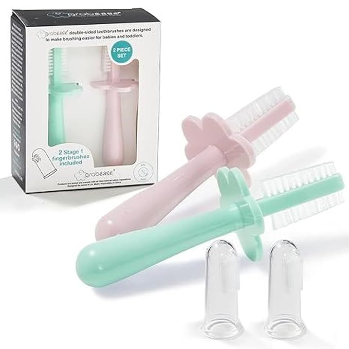 grabease Double Sided Baby Toothbrush - Silicone Finger Brush for Infant Gums - Soft Dual-Sided Brush for Toddler Teeth - Training Toothbrush for Toddlers & 1-Year-Olds - Pack of 2, Mint & Blush